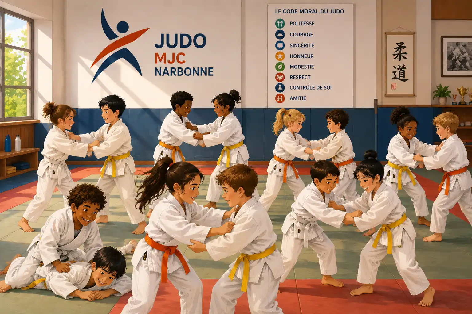 Groupe d'enfants judokas s'entraînant sur un tatami au Judo MJC Narbonne